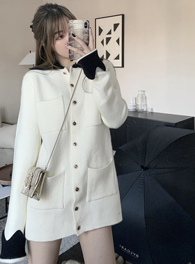 KKK STUDIO 米白色小香风外套女中长款秋冬新款撞色气质西装上衣