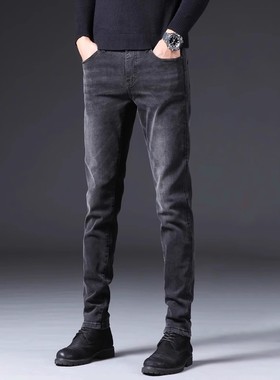 香港高端黑灰色牛仔裤男秋冬高端新款修身小脚弹力休闲直筒长裤子