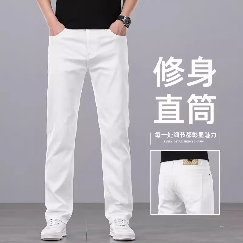 香港高端白色牛仔裤男士加绒加厚冬季新款修身直筒弹力休闲长裤男