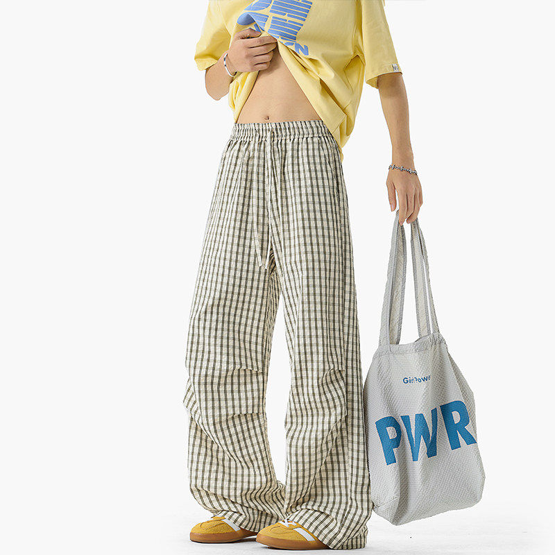 2026春夏新款衔接格子褶皱微喇休闲裤男时尚潮流高街裤子男