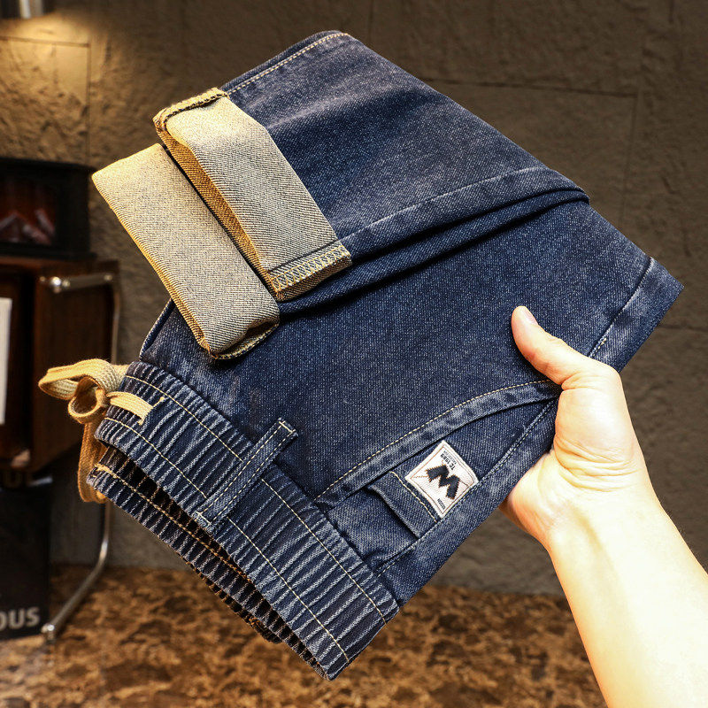 2026春夏新款牛仔裤男士休闲修身直筒抽绳松紧腰弹力牛仔裤男青年