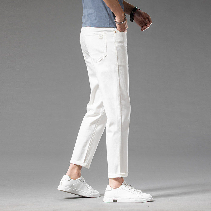 春夏季保罗米白色牛仔裤2024新款男直筒宽松高端纯棉男休闲九分裤