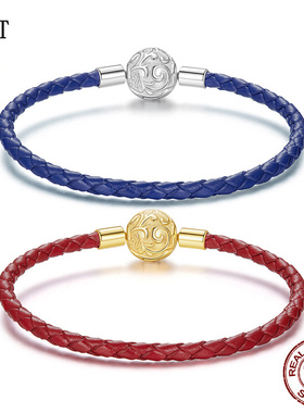 s925纯银卷草纹扣头基础皮绳串珠手绳 复古花纹经典皮革diy手链