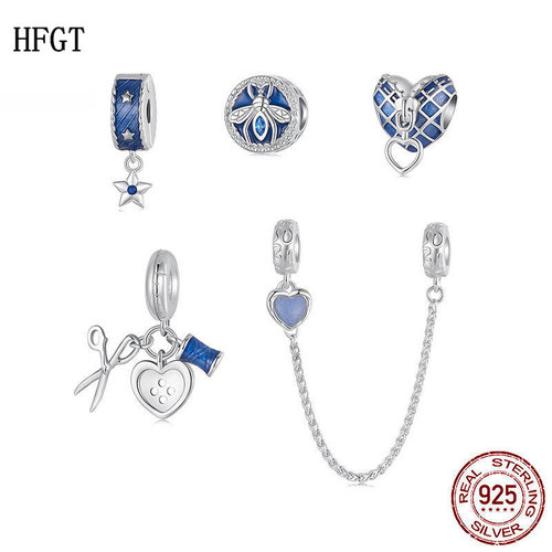 原创复古牛仔蓝色系列蜜蜂串珠组合diy手链配件s925纯银剪刀散珠