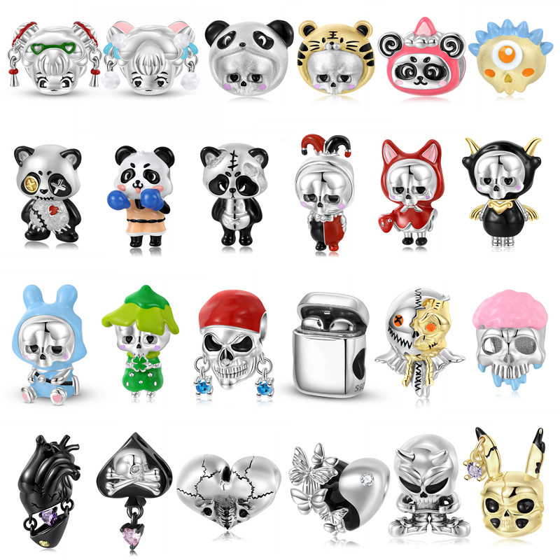 蓝牙耳机老虎串珠可翻盖diy配件纯银熊猫海盗骷髅心脏珠子手链