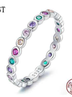 新款s925银缤纷锆石彩虹戒指 韩版日常百搭电镀指环高端首饰配饰