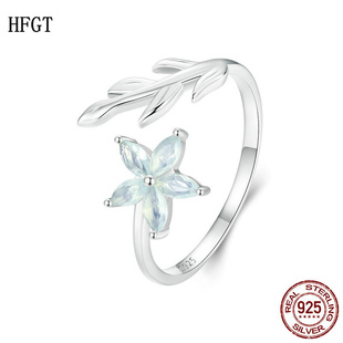 原创绿色小花开口戒指女 春季小清新花朵925纯银叶子植物戒指手饰