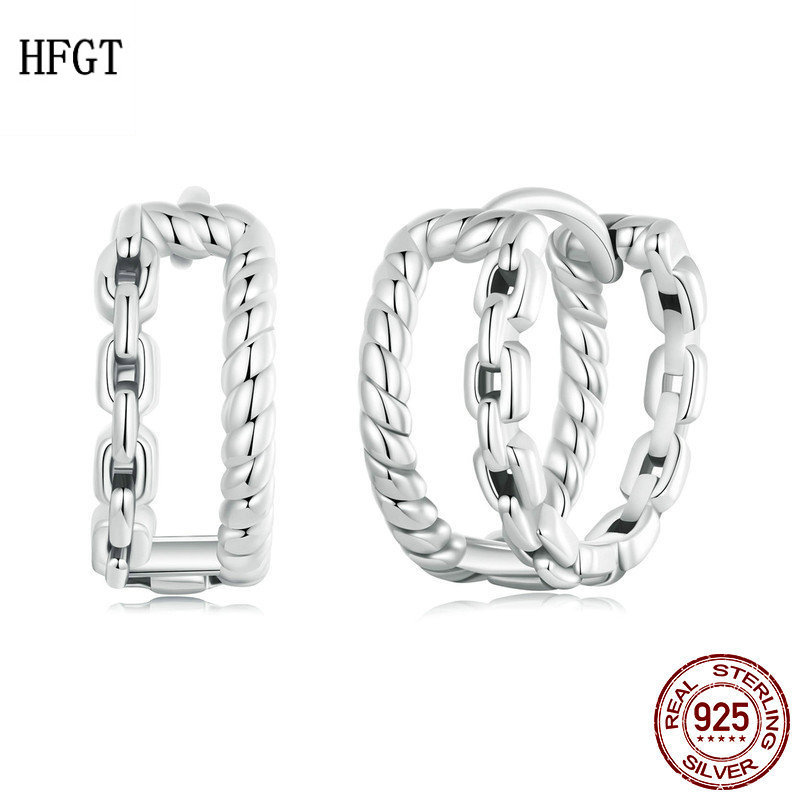 新款双层链条麻花耳扣女 欧美个性冷淡风925纯银线条耳环圈圈耳饰