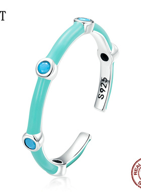 薄荷绿精致松石开口戒指 时尚穿搭s925纯银名媛奢华银饰指环首饰