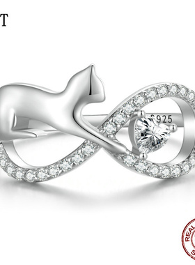 原创镀白金猫咪无限爱心戒指 动物小众设计感八字925纯银指环手饰