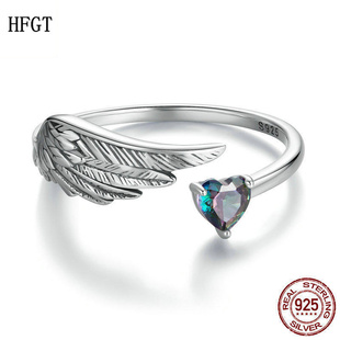 原创炫彩爱心天使翅膀开口戒指 个性小众925纯银高端羽翼指环戒指