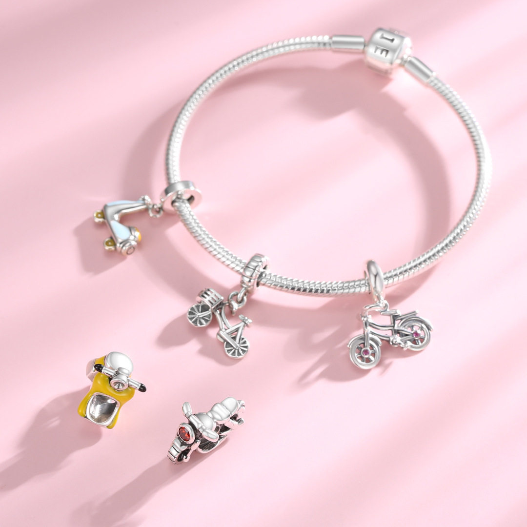 s925纯银珠子创意电单车小电驴系列串珠吊坠 diy手链配件银饰散珠