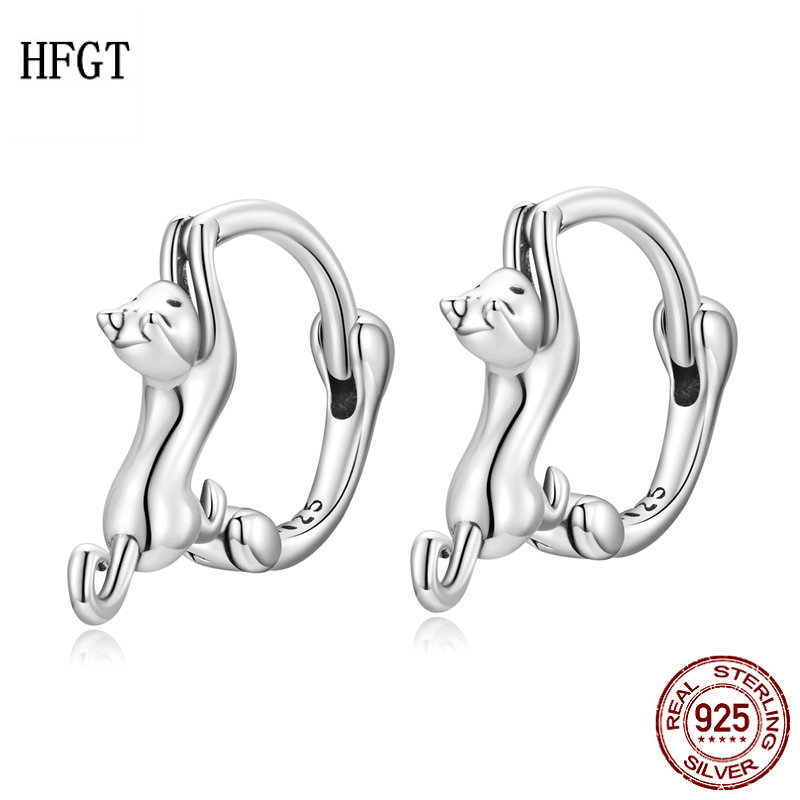 新款925纯银顽皮的小猫咪耳扣女 可爱趣味动物圈圈耳环耳饰高级感