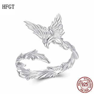 欧美高端原创精致优雅凤凰素银开口戒指s925纯银魅力高贵动物戒指