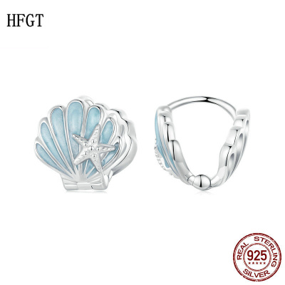 原创蓝色海星贝壳耳扣女 海洋生物浪漫优雅设计感925纯银海贝耳环