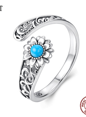 原创花纹复古向日葵绿松石开口戒指 法式古典雕花925纯银高端戒指
