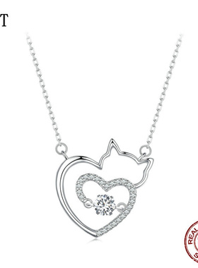 原创闪耀锆石灵动猫咪项链女 简约可爱s925纯银爱心锁骨链配饰女