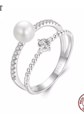 轻奢闪耀莫桑石淡水珍珠戒指s925纯银双圈高端线条百搭饰品戒指女