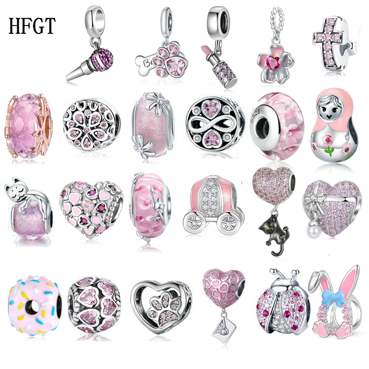 HFGT粉色木兰花S925纯银甜美的爱珠子串珠爱心珐琅银配件时尚个性