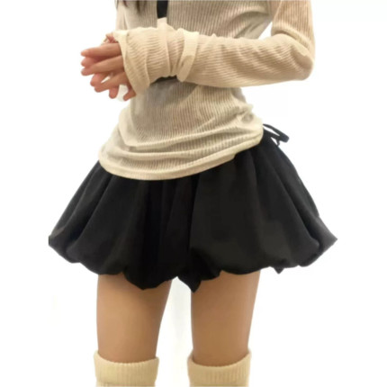 黑色蓬蓬花苞短裙女春夏季高腰小个子运动南瓜裙蝴蝶结A字半身裙