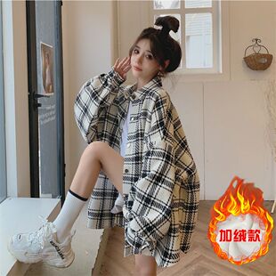 加绒加厚大码中长款磨毛格子衬衫外套女秋冬胖mm宽松复古显瘦上衣