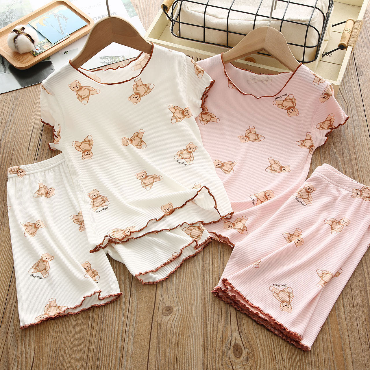 CHILDRENS PAJAMAS MODAL SUMMER THIN SHORT SLEEVE GIRLS SUMMER DRESS SET GIRLS ICE SILK SHORTS BABY LOUNGEWEAR