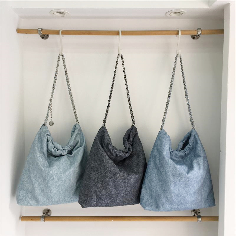 小脏柜 小香风复古仿牛仔布软皮大托特包垃圾袋链条包单肩腋下包