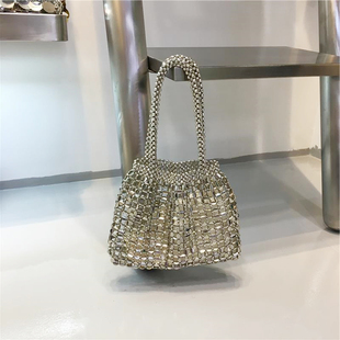 小脏柜 复古闪亮金属银色亮片夏季手工编织串珠包手提腋下托特包