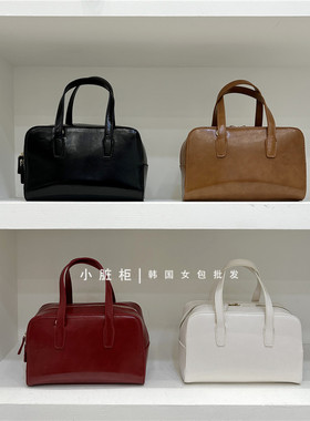 小脏柜 韩系红色手提包单肩简约高级油蜡皮保龄球波士顿包斜挎包