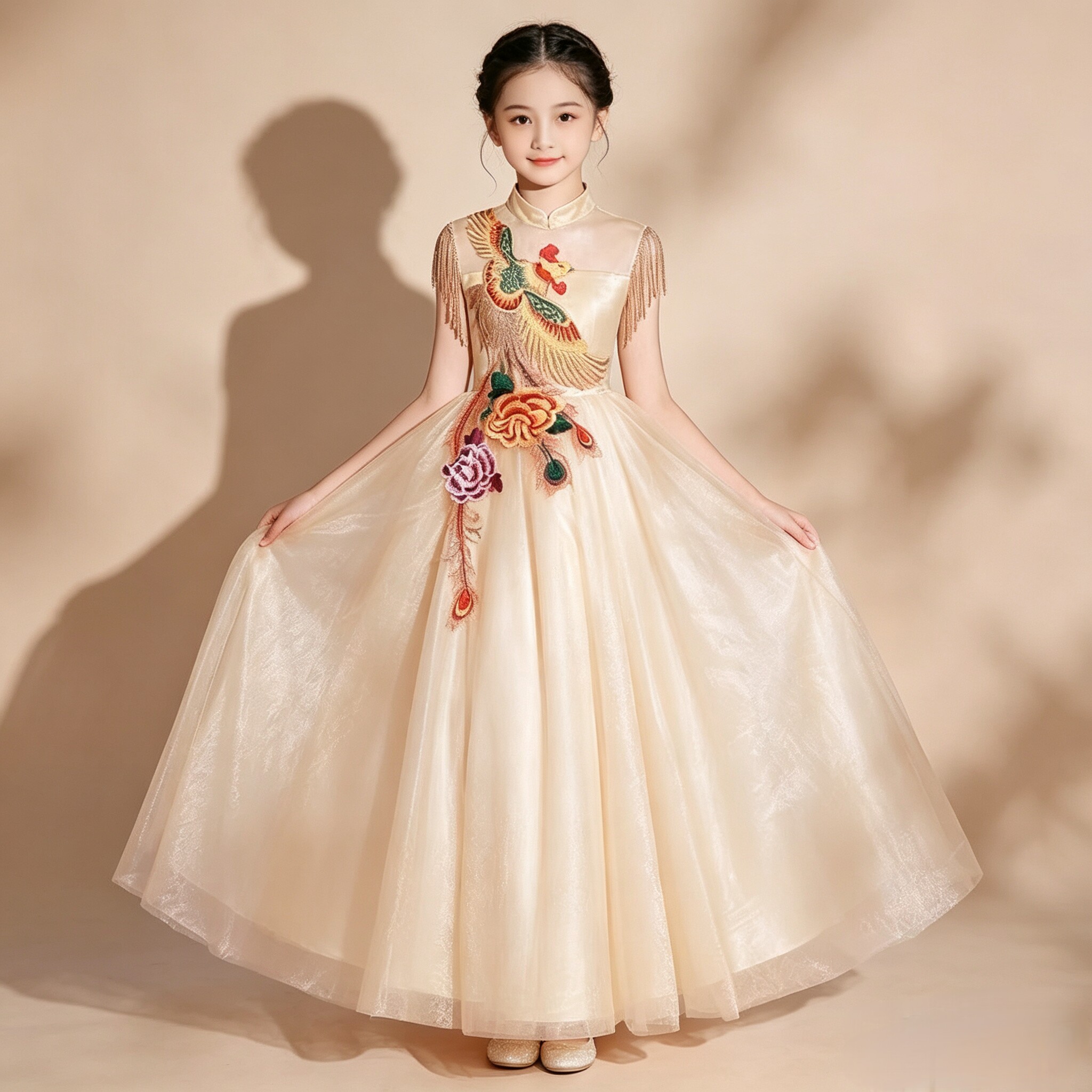 高端女童弹古筝演出服2026新款中国风儿童礼服蓬蓬纱主持人走秀服