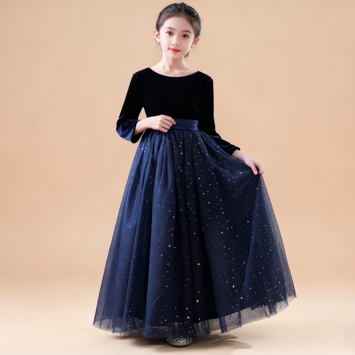 女童乐团礼服裙蓝色星空丝绒长裙