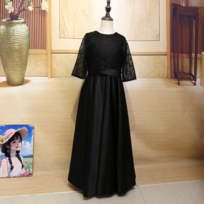 黑色大儿童礼服女童钢琴小提琴夏