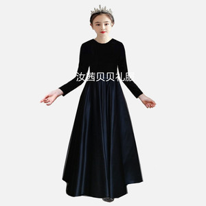 中大童全黑长袖钢琴晚礼服秋冬儿童高级金丝绒长裙女童乐团演出服