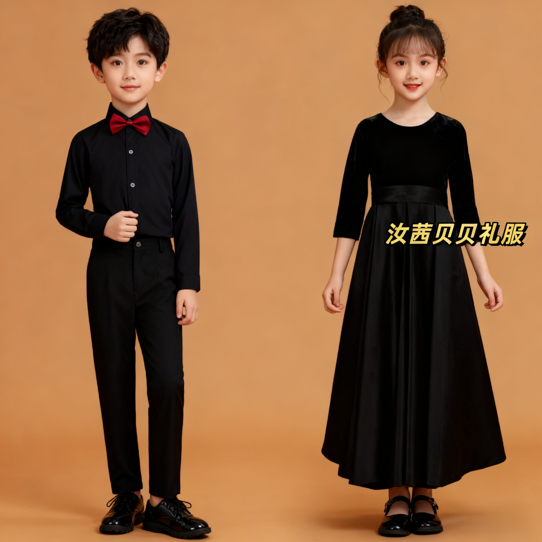管乐团中袖丝绒缎面简约儿童礼服
