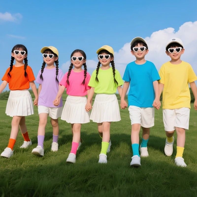 纯棉短袖t恤套装男女儿童糖果色彩色小学生幼儿园亲子班服体恤衫