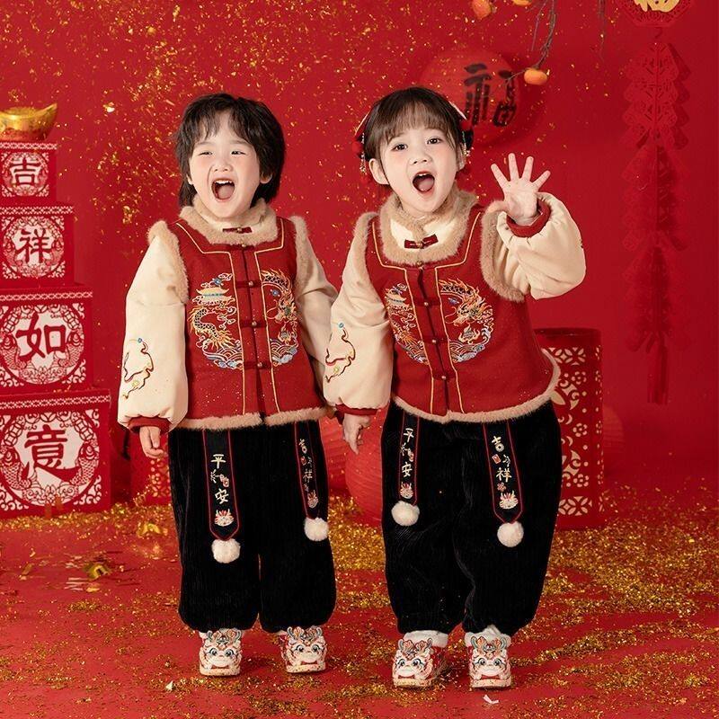 汉服拜年服儿童冬装宝宝中国套装新款过年龙年喜庆唐装2026