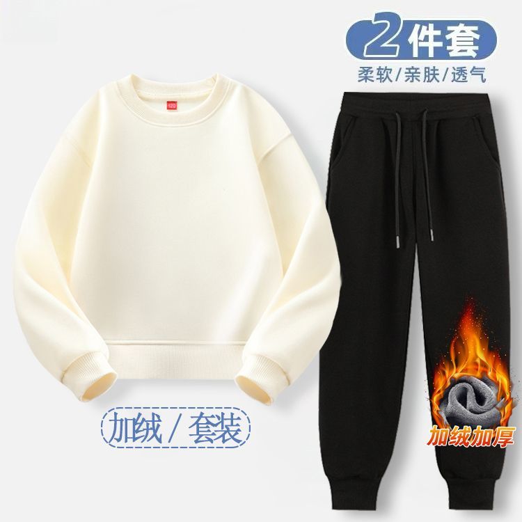 红色中国风纯棉卫衣套装中大童纯色休闲长袖加绒套装班服