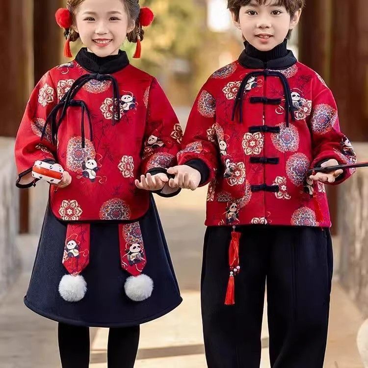 男童春秋汉服中国风秋冬季女童唐装套装儿童中式古装表演服拜年服