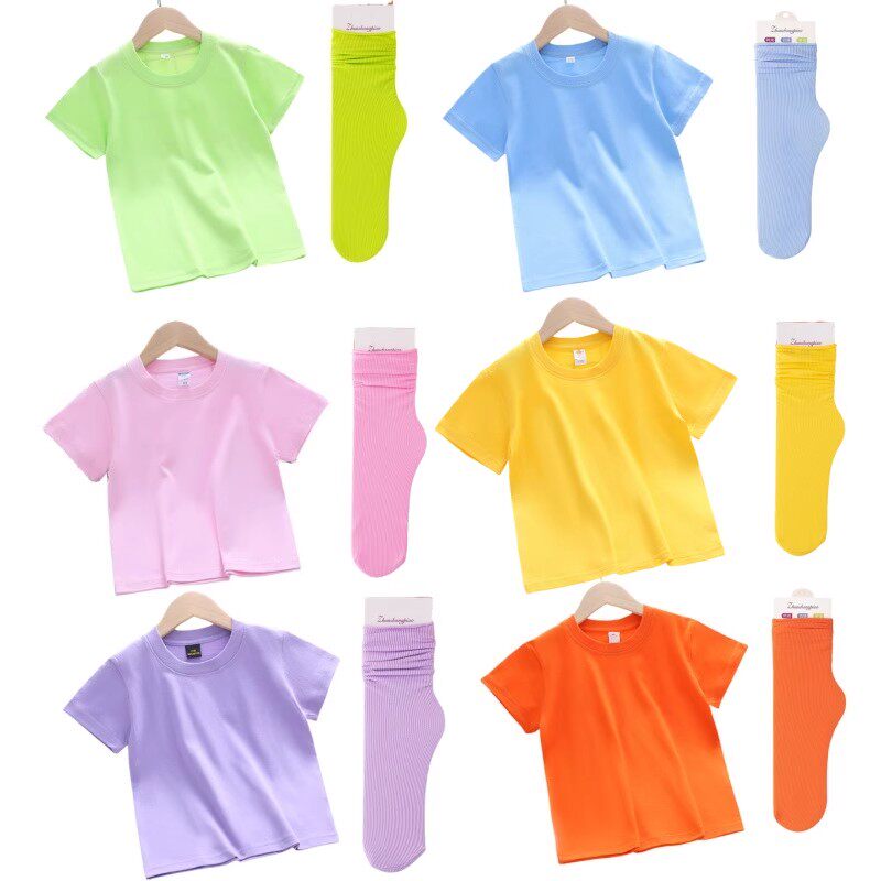 儿童夏季糖果彩色纯色短袖T恤配袜子小学生纯棉毕业班服幼儿园