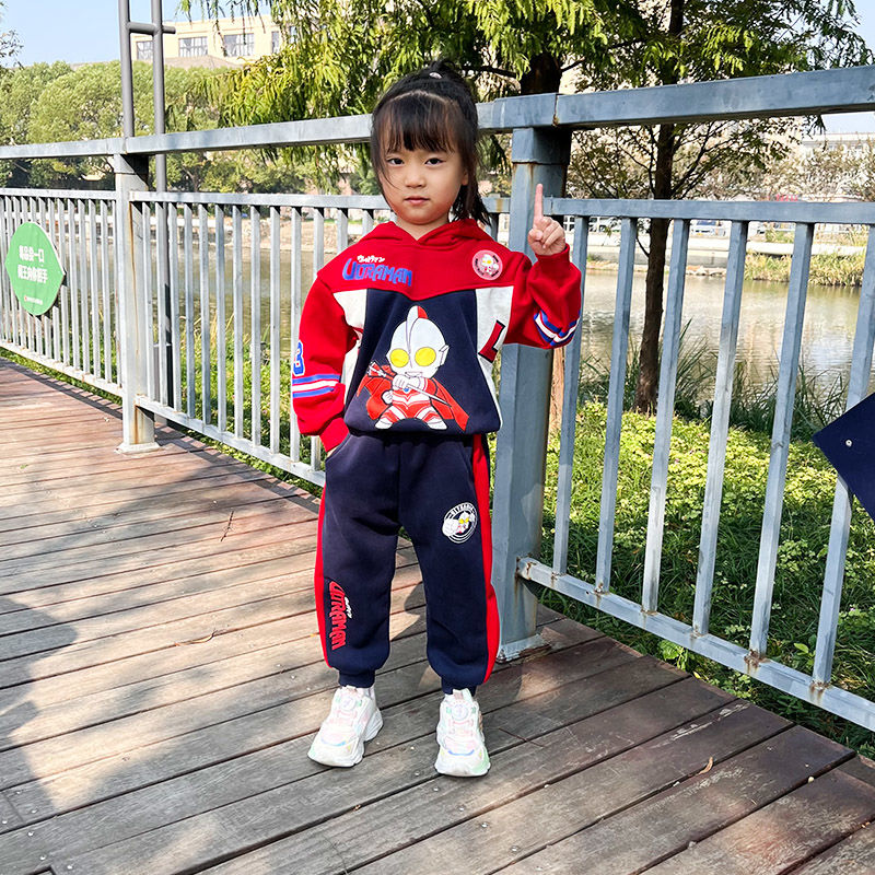 奥特曼衣服女童加绒套装2024新款儿童宝宝秋冬装兄妹姐弟两件套潮