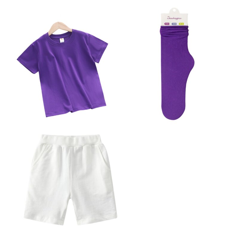 儿童幼儿园糖果彩色纯色纯棉短袖T恤套装配袜子小学生毕业班服