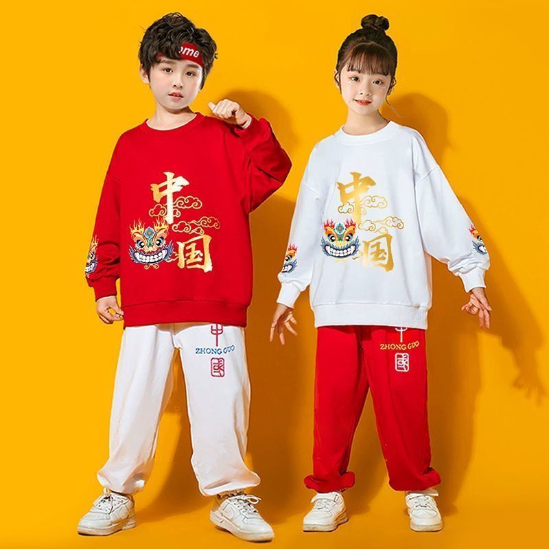 新款儿童春季运动会开幕式入场啦啦队国潮长袖演出服中国红表演服