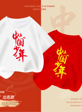 中国少年短袖t恤夏季中大童纯棉红色国潮体恤儿童小学生活动班服