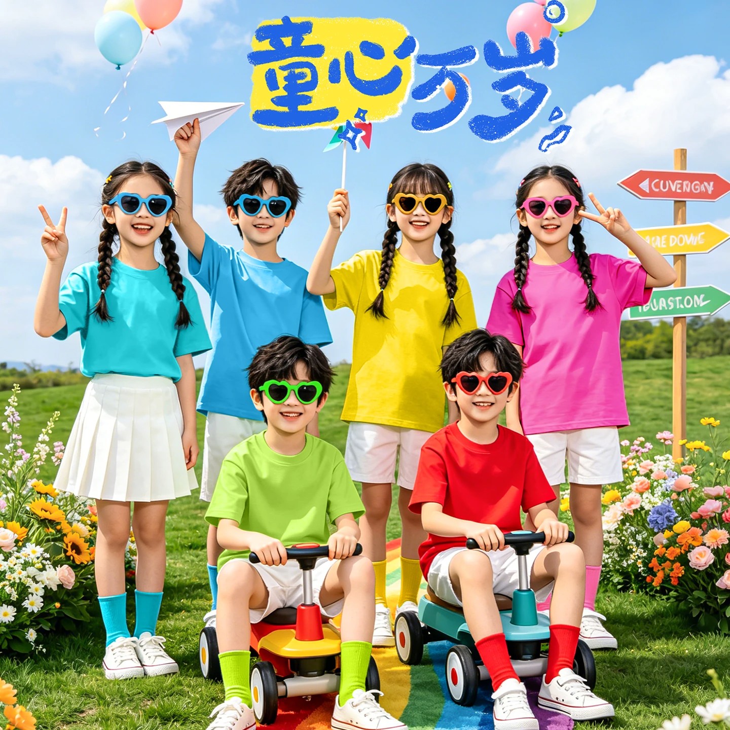 糖果色彩色儿童T恤小学生表演服运动会班服幼儿园多巴胺亲子套装
