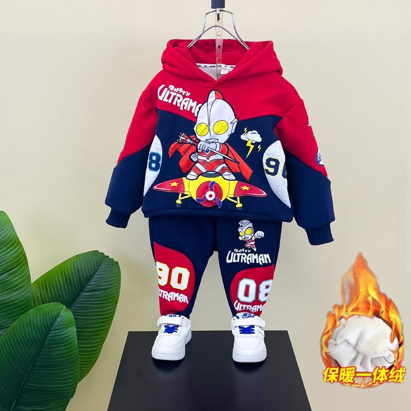 奥特曼加绒衣服男童套装2024新款秋冬帅气儿童卫衣宝宝连帽两件套