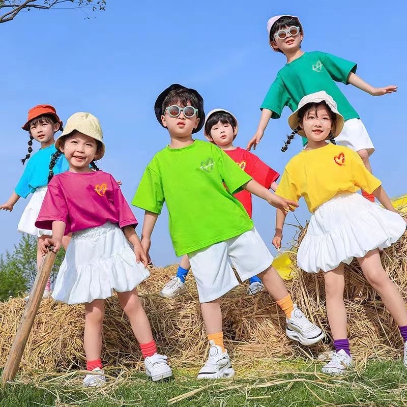 儿童多巴胺短袖T恤裤子套装糖果色表演服毕业班服爱心旅游夏令营
