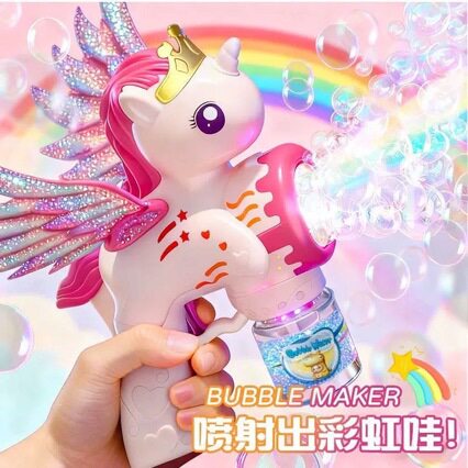 爆款多孔飞马独角兽泡泡枪 电动全自动灯光吹泡卡通小马玩具