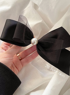 tver韩国东大门黑色蝴蝶结网纱不对称珍珠弹簧夹发女发饰