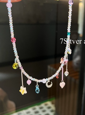 现韩国正品彩色水晶串珠项链甜美可爱优雅淑女小众锁骨链
