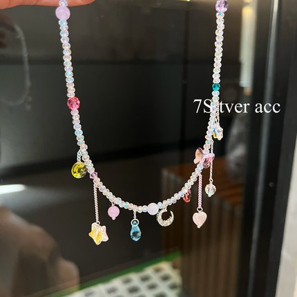 现韩国正品彩色水晶串珠项链甜美可爱优雅淑女小众锁骨链
